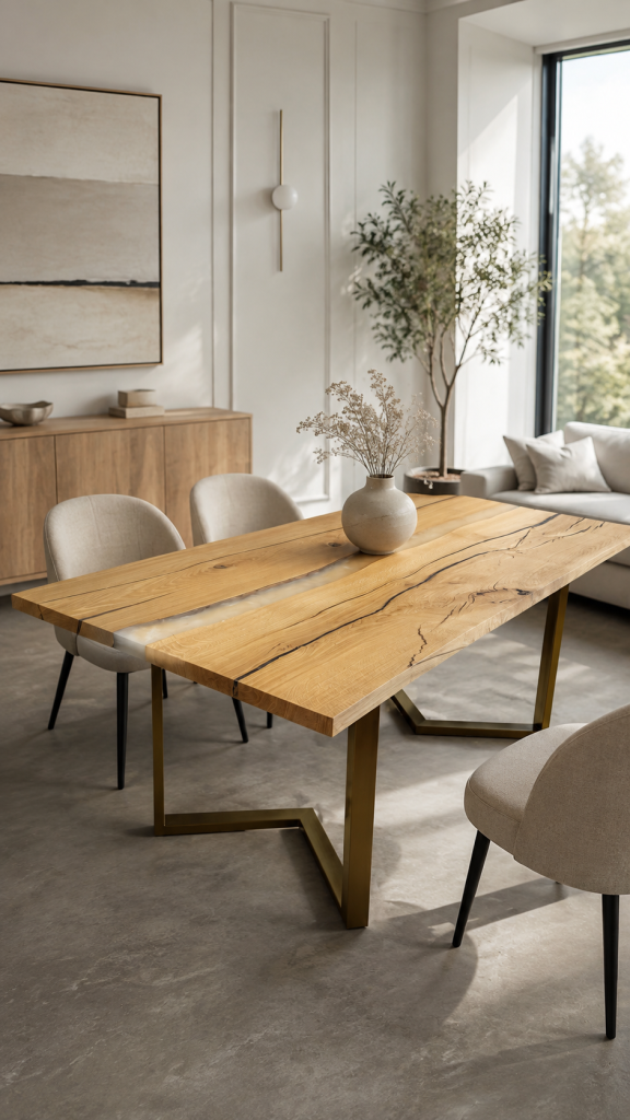 Oak table with champagne resin