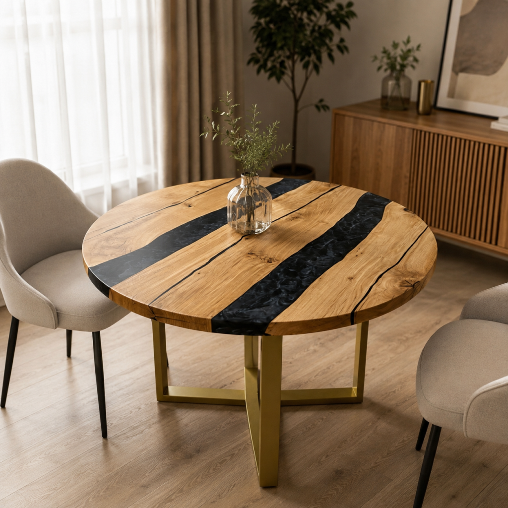 Round oak table with a matching clock