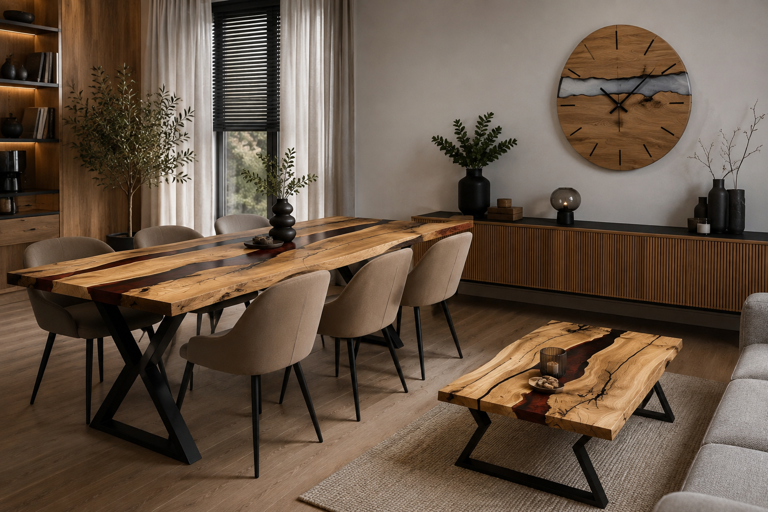 Walnut table with black and transparent resin