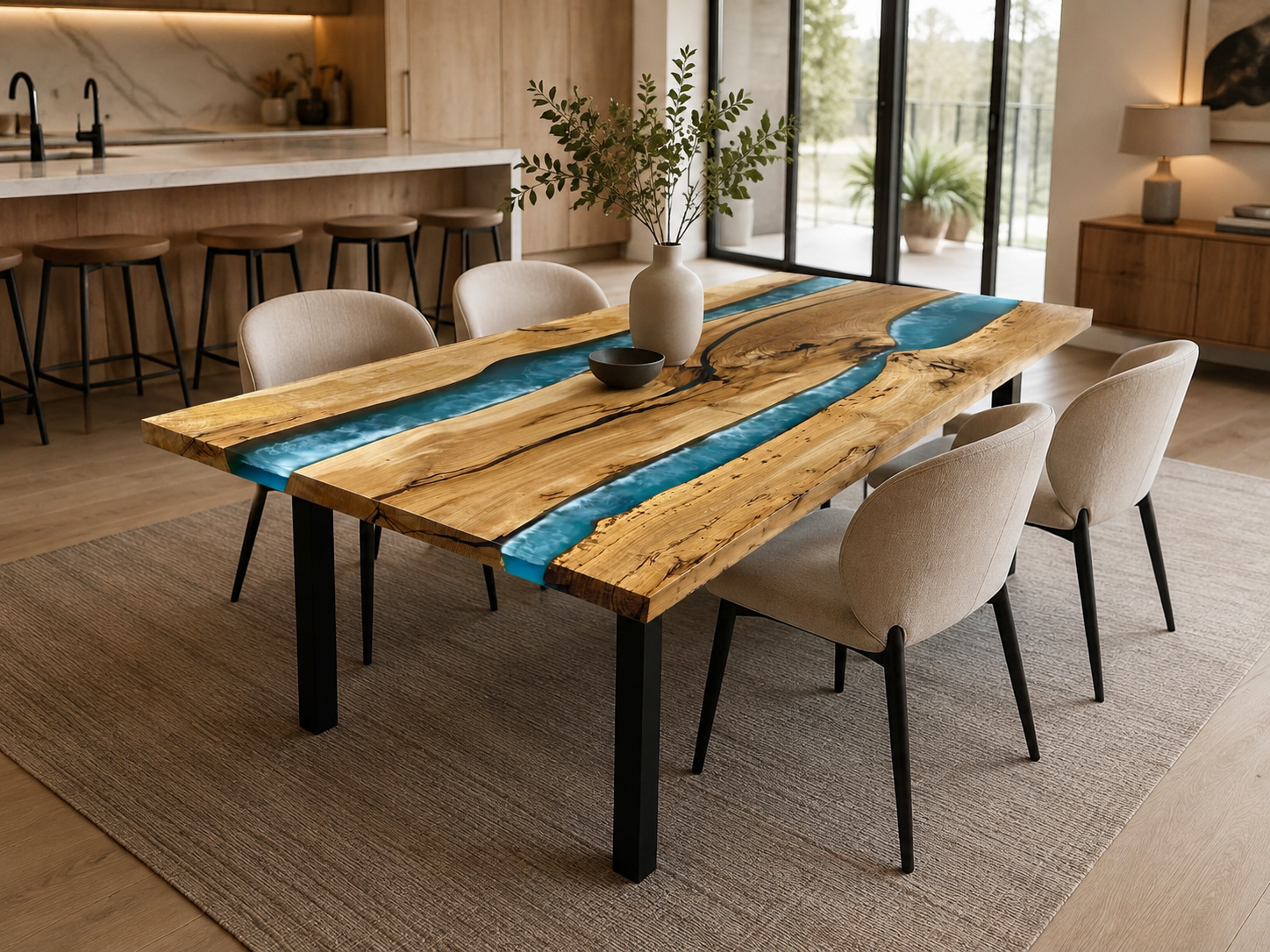Solid oak table with black epoxy resin